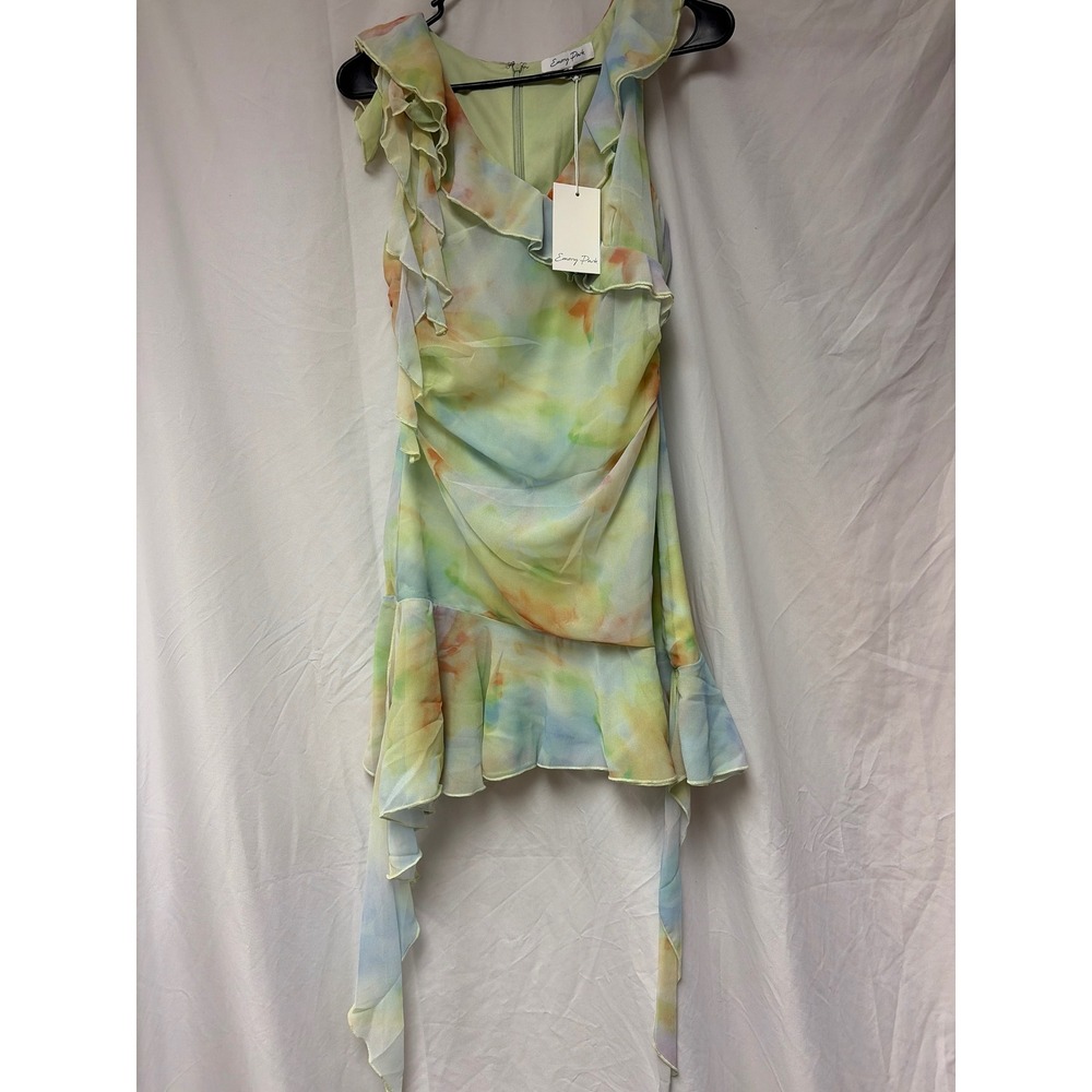 Emory Park Watercolor Ruffle Mini Dress Sleeveless Floral Sage Green Orange S